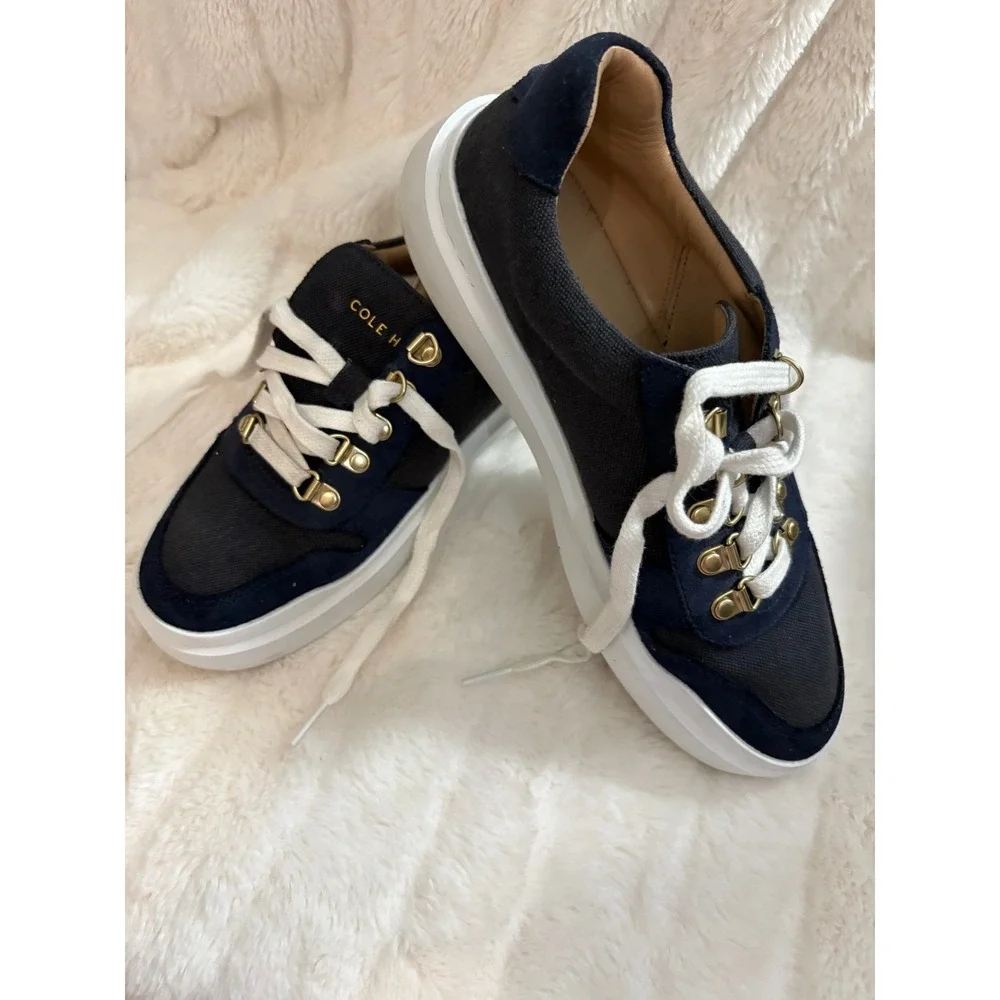 Cole Haan Grand Series Navy Canvas Suede Gold Hardware Sneakers Mens 11.5